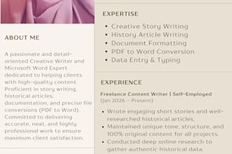 be your creative story writer and ms word expert