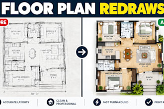 redraw blueprints into clean 2d colorized floor plans for real estate