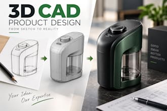 create 3d cad product design, 3d cad model, 3d cad product rendering from sketch