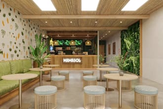 redesign existing restaurant interior, modern restaurant render,cozy cafe design