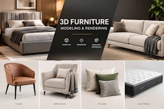 create furniture bed, pillow sofa chair armchair mattress 3d modeling rendering