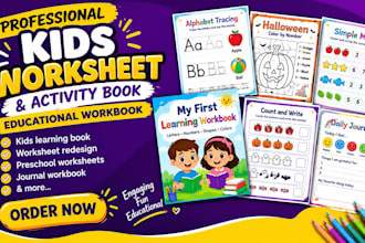 create kids worksheets, design  journal workbooks, redesign halloween worksheets