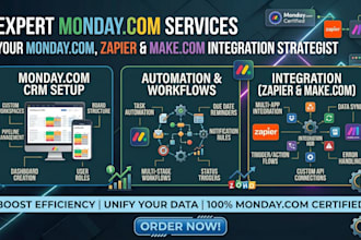 set up monday com crm with automation and zapier, make com integration