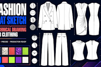 draw fashion flat sketch and technical drawing for clothing