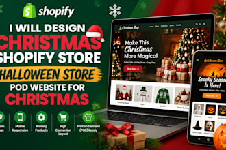 design christmas shopify store, halloween store pod website for christmas