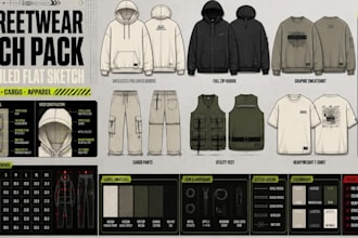 design streetwear hoodie tech pack and clothing flat sketch techpack