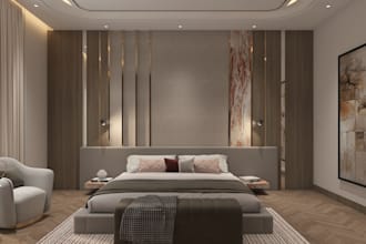 create interior design of bedroom, bathroom, living space and kitchen design