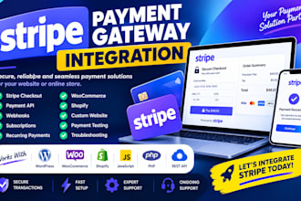 integrate stripe payment gateway, checkout, API and webhook