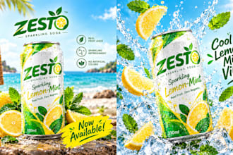 design modern beverage packaging, soda can label, and logo for your brand