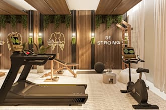 repurpose existing space to home gym,fitness center layout 3d render,yoga studio
