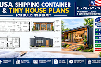 usa fl, ca, ny, tx, draw shipping container tiny house plans for building permit