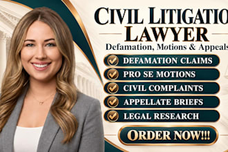 be civil litigation lawyer for defamation, pro se, motion, appeal legal drafting