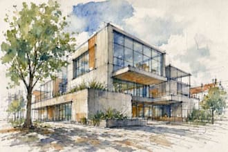 sketch architecture building with watercolor rendering
