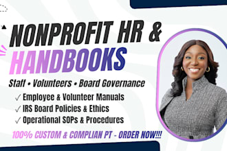write nonprofit employee handbook, volunteer policy manual, board policies, sops