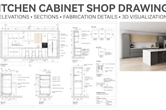 kitchen cabinet shop drawing elevations, sections, and fabrication drawings