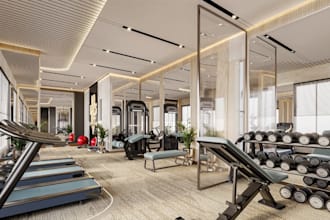 rebuild pilate studio floor plan with equipment layout,3d functional fitness gym