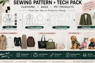 create sewing pattern, fashion design tech pack, bag and pet print ready pattern