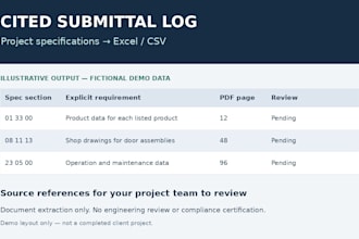 create a cited construction submittal log from your project specifications