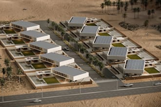 buildup luxury houses on desert, bunker building renders, vacation center design