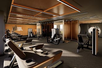 turn fitness center 2d plan to 3d visual, gym interior render, cgi yoga studio