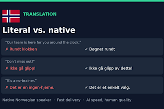 translate english to norwegian or norwegian to english, native quality