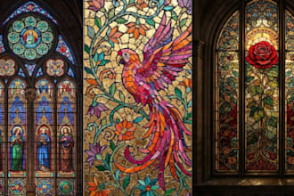 custom stained glass art, modern mosaic, window panels and church stained glass