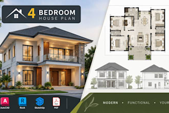 design 4 bedroom house floor plans, elevations and residential cad drawings