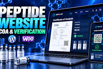 design research peptide website with coa display and product verification system