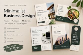 design a minimalist business flyers postcards media kits and one pagers