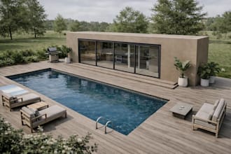 remodel modular pool house, render container house, outdoor lounge, landscaping