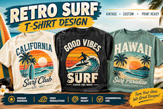 design a retro surf t shirt, vintage surfing shirt for etsy and pod