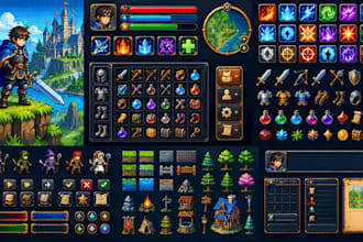 create pixel art game ui, gui, hud, icons and rpg assets
