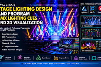 create stage lighting design and program dmx lighting cues and 3d visualization