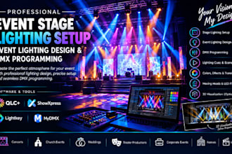 design event stage lighting setup, event lighting design and dmx programming qlc