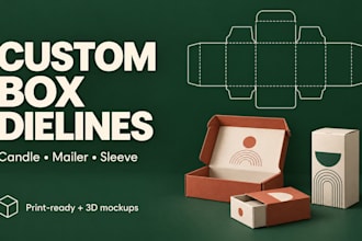 design dielines for candle and mailer boxes, packaging sleeves and 3d mockups