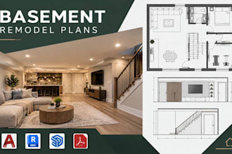 create basement remodel plans with floor layouts, elevations and cad drawings