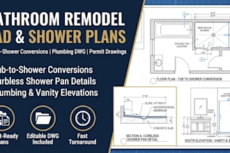 draft tub to shower conversion plan bathroom remodel cad and plumbing dwg