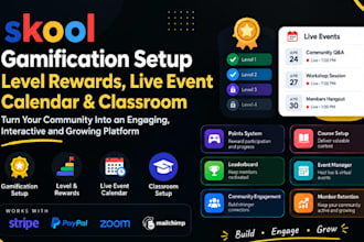 do skool gamification setup, level rewards, live event calendar and classroom