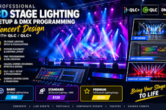 create 3d stage lighting setup design and dmx programming concert design qlc