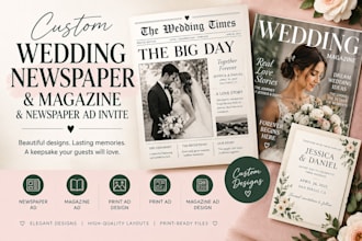 design a custom wedding newspaper, wedding magazine and newspaper invitation