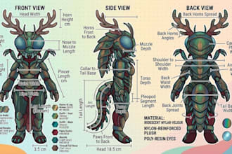 design custom plushie reference sheet for plush toy or stuffed animal tech packs