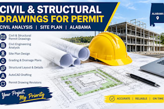 do civil and structural drawing for permit, civil analysis, site plan in alabama