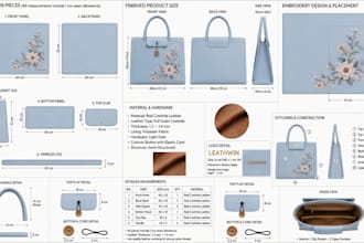 design leather bag, handbag, purse and wallet tech pack with technical drawings
