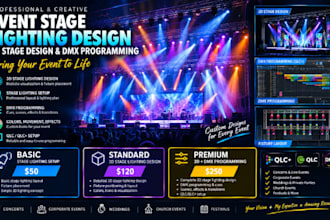 design event stage lighting setup, 3d stage lighting design and dmx programming