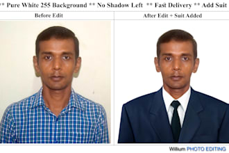 do pure white background 255 passport photo with suit