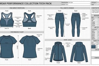 design activewear, garment, sportswear and leggings tech pack and flat sketches