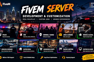 develop fivem server, qbcore, esx, scripts, custom jobs, mlo, cars, UI UX design