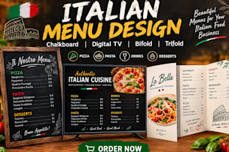 design italian chalkboard menu, digital tv screen menu, bifold or trifold menu