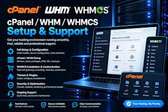 install and setup whm, cpanel, whmcs with themes and plugins addons