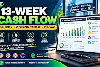 build 13 week rolling cash flow, liquidity, working capital, cash runway model